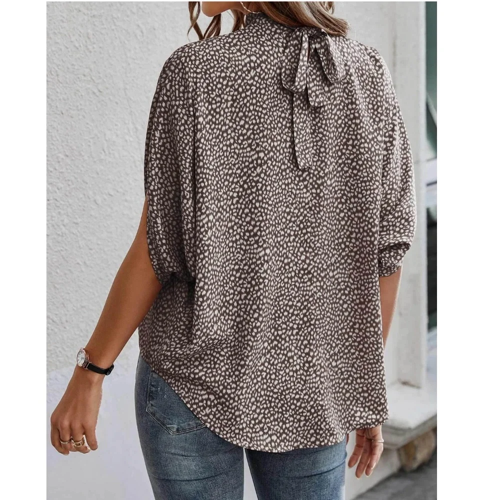 Spotted Print Brown Beige Blouse Top Flowy, High Neck - Picture 4 of 7